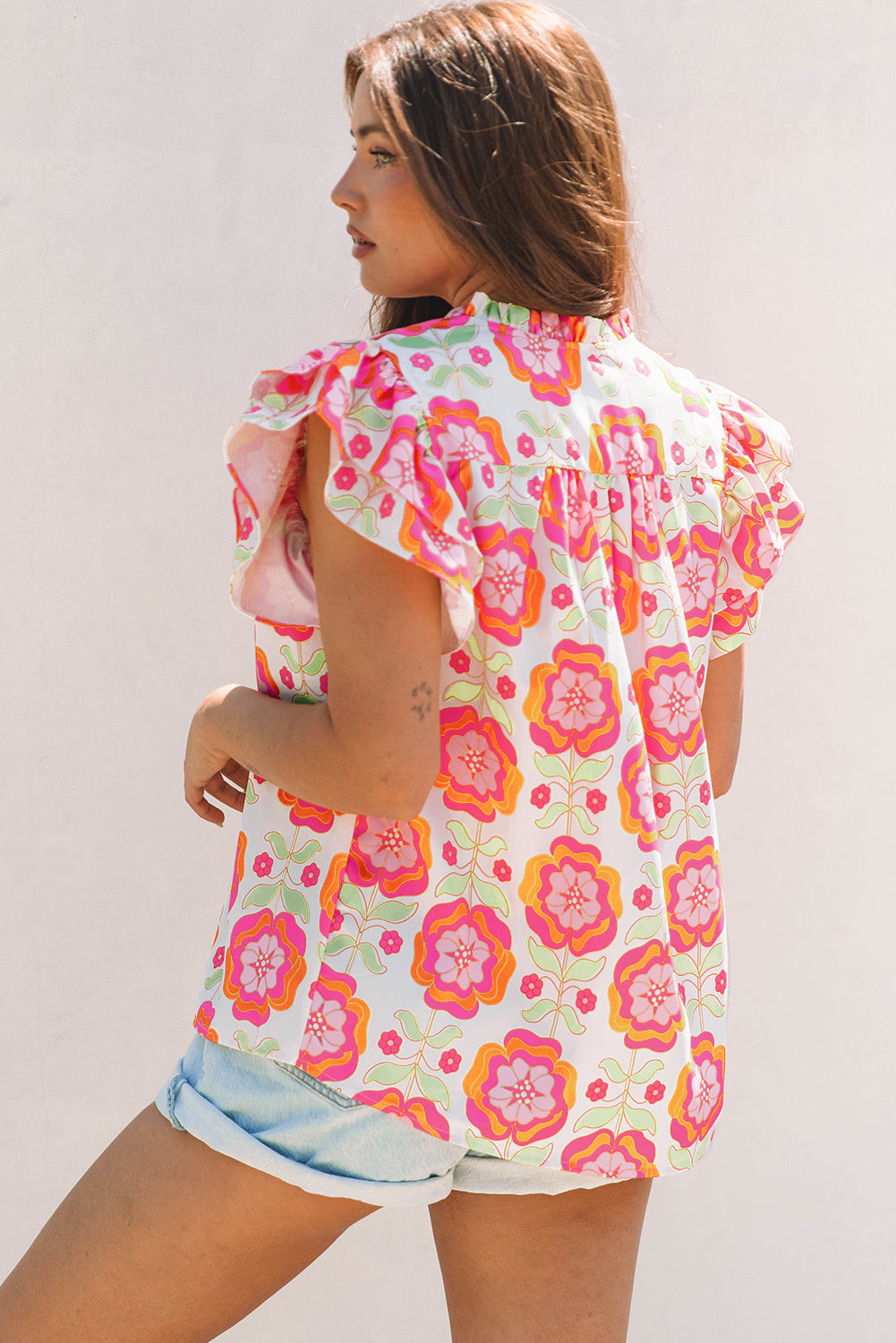 Floral Ruffled Sleeve Ric-rac Blouse
