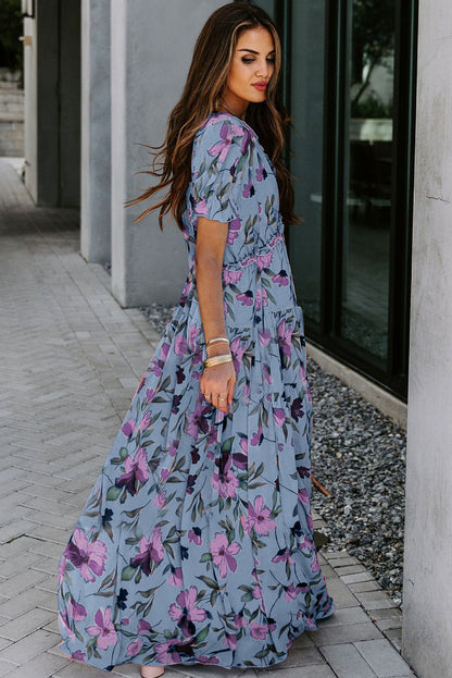 Black Fiery Floral Print Frilled V Neck Short Sleeve Maxi Dress