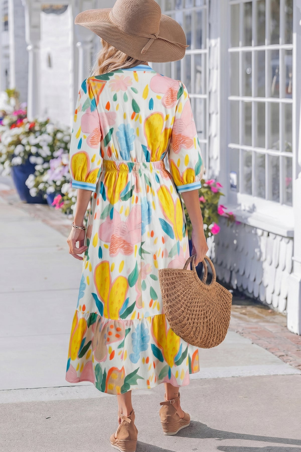 Doodle Striped V-neck Floral Dress