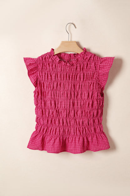 Red Plaid Shirred Ruffle Trim Tank Top