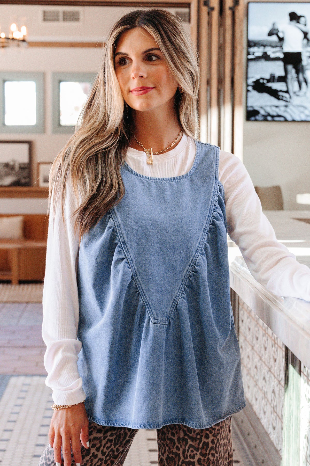 Denim Pleated Sleeveless Tank Top