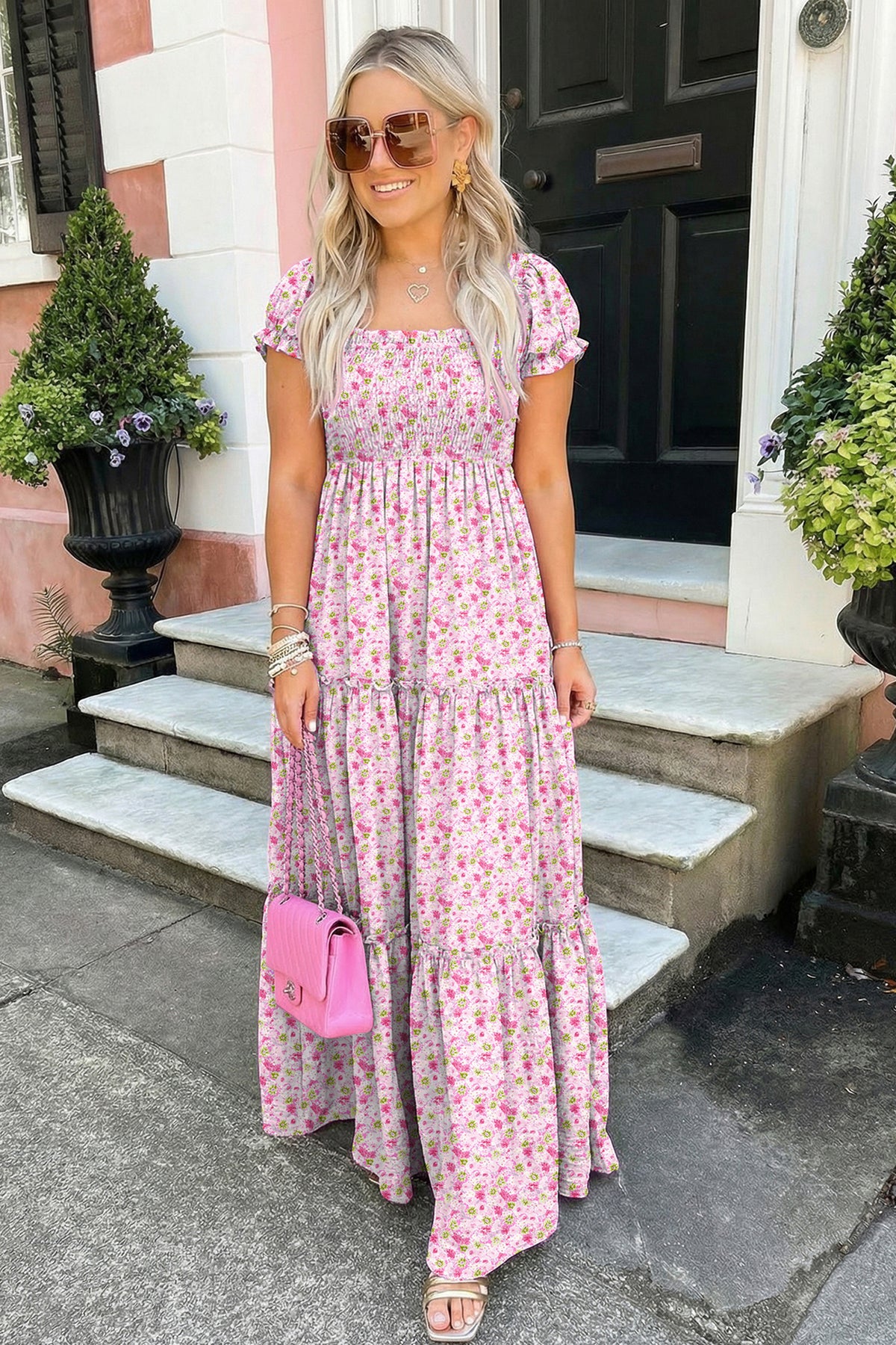 Floral Short Shirred Maxi Dress