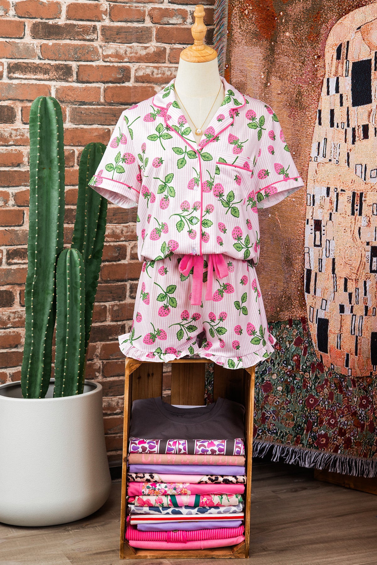 Striped Lapel Drawstring Pajama Set