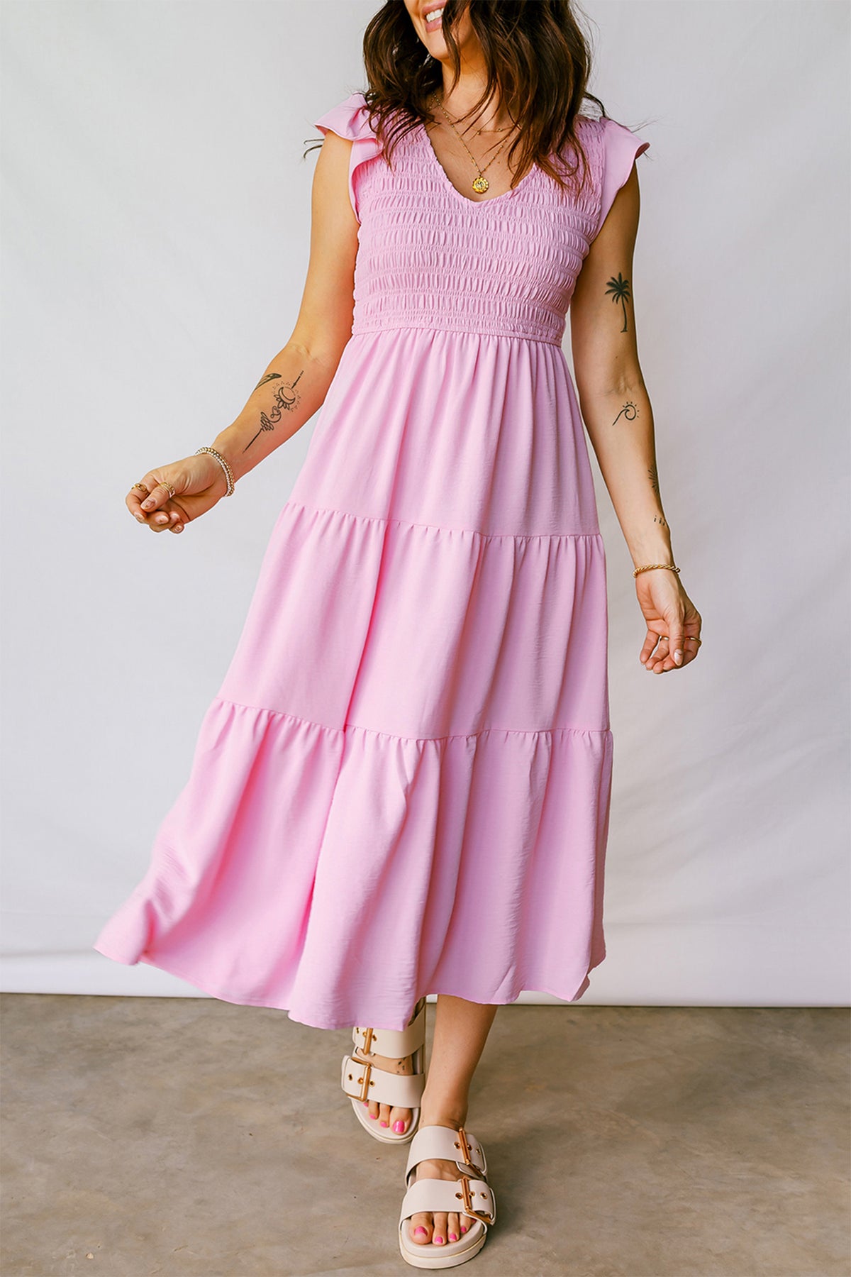 Smocked Bodice Tiered Midi Dress