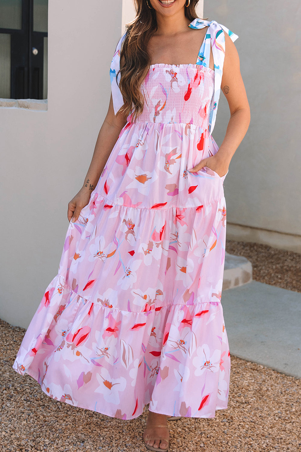 Knotted Smocked Maxi Floral Dress