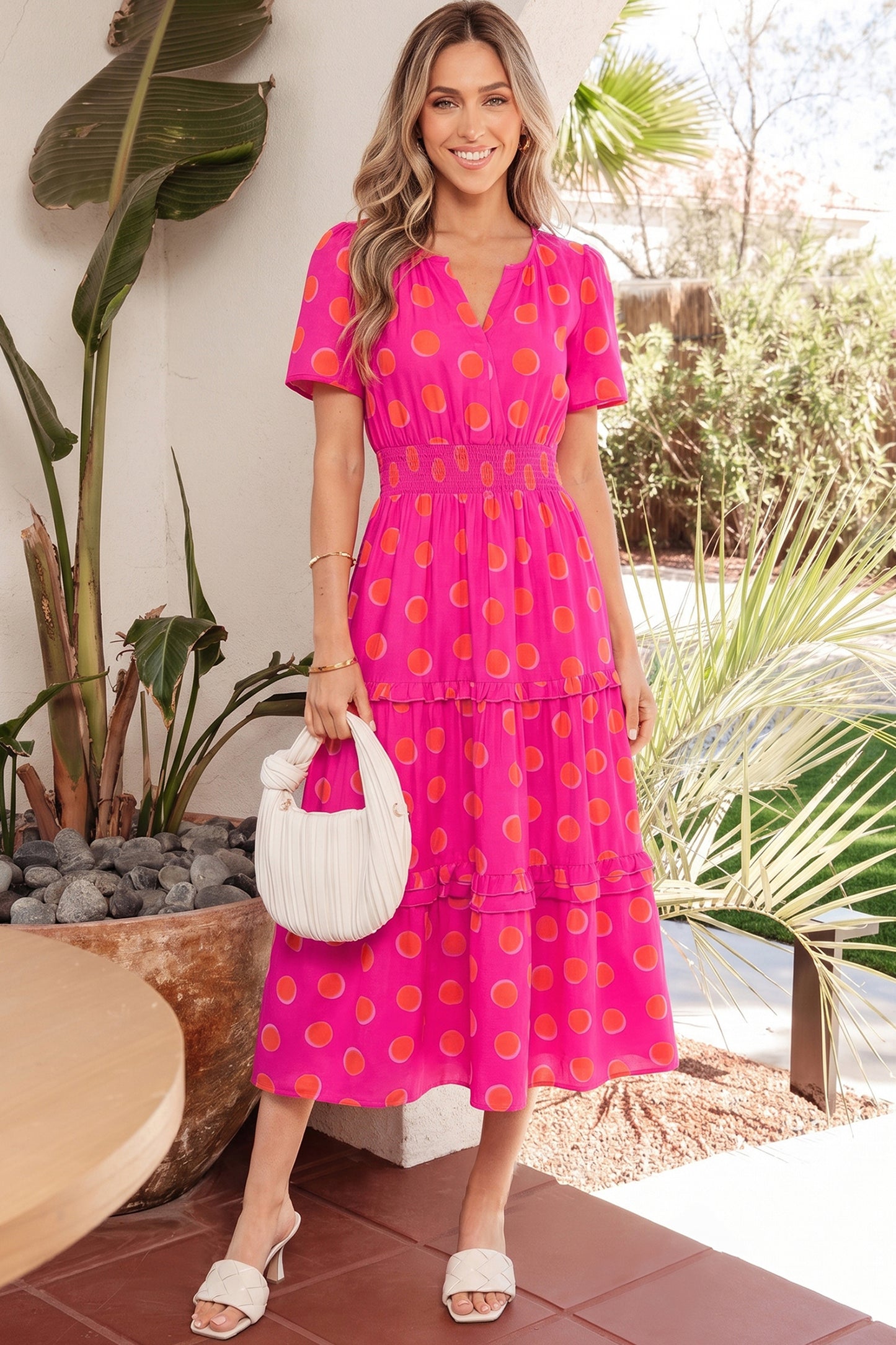 Polka Dot Shirred Midi Dress