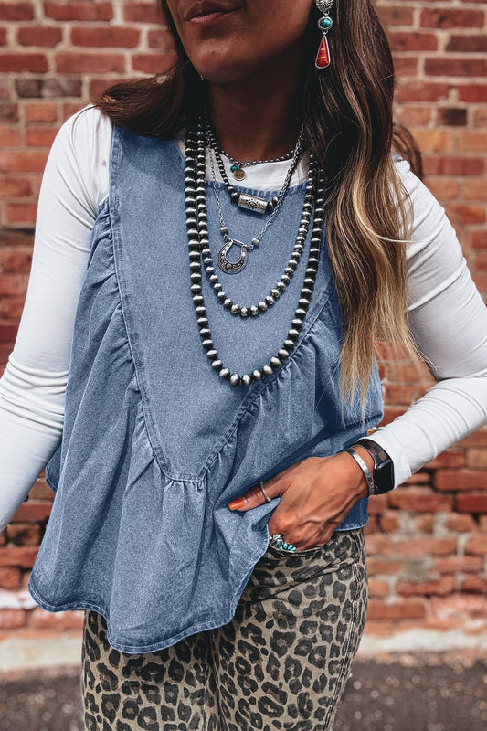 Denim Pleated Sleeveless Tank Top