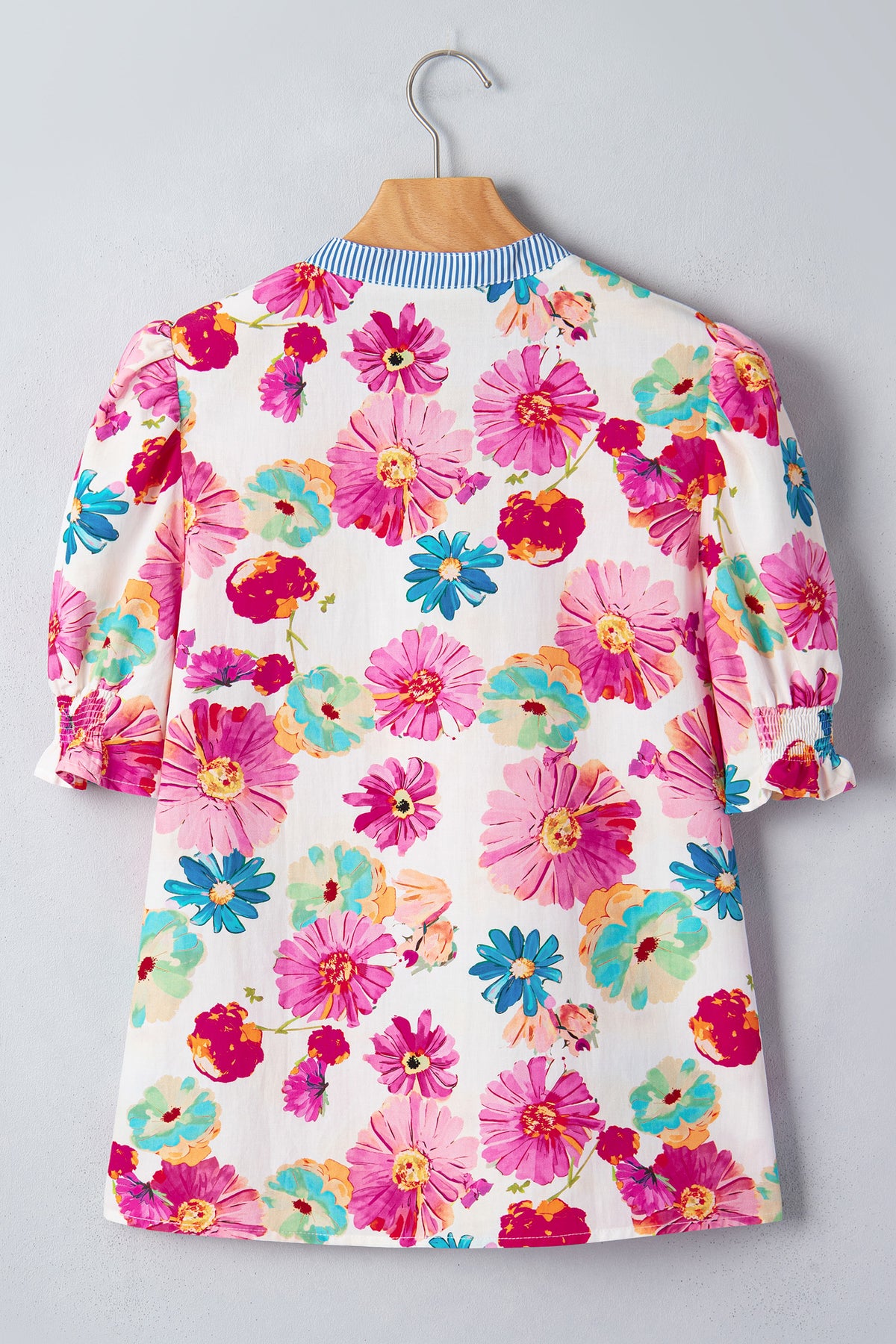 Floral Puff Sleeve Striped Blouse