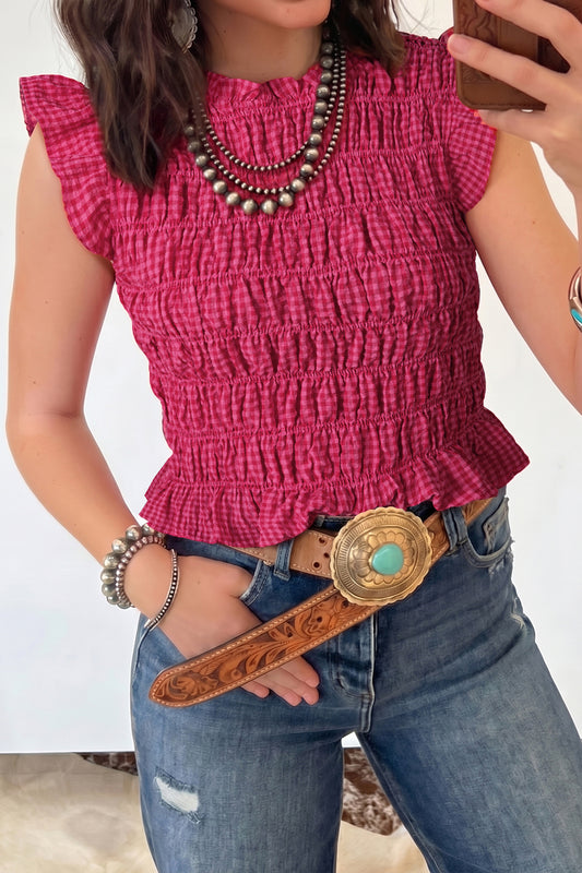 Plaid Shirred Ruffle Tank Top