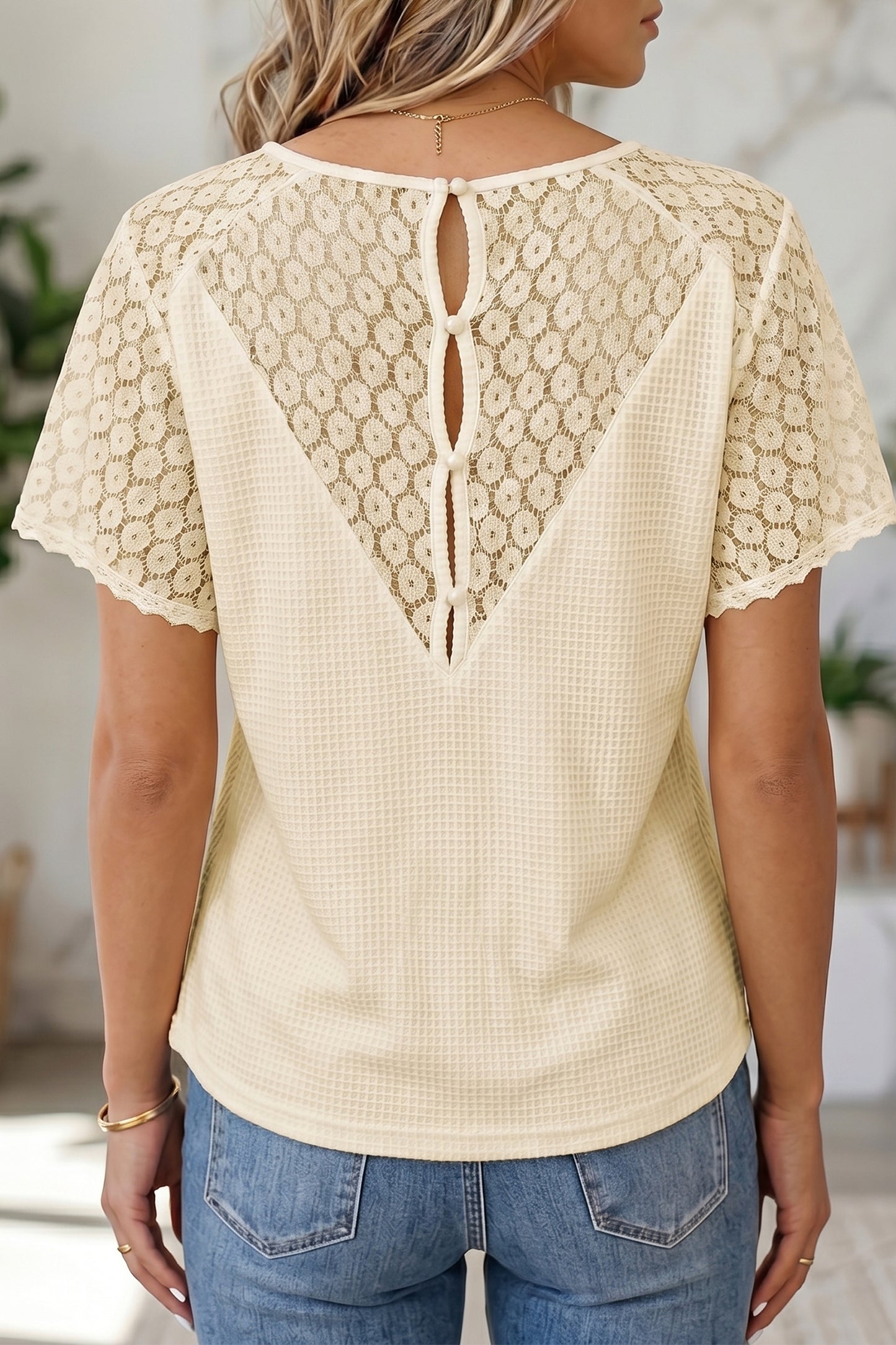 Mint Green Lace Splicing Button Cutout V Neck Waffle Knit Blouse