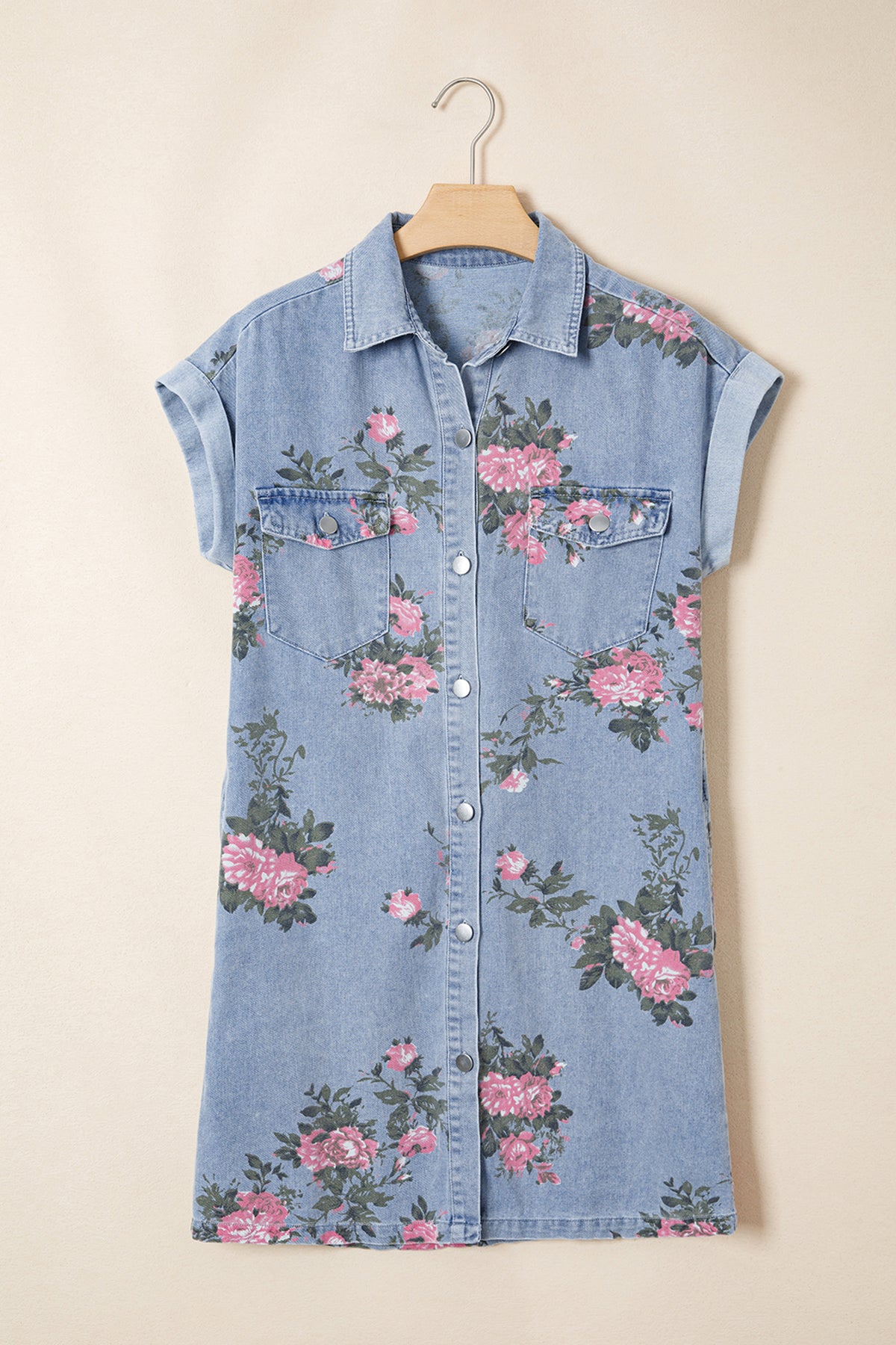 Denim Floral Cuffed Mini Dress