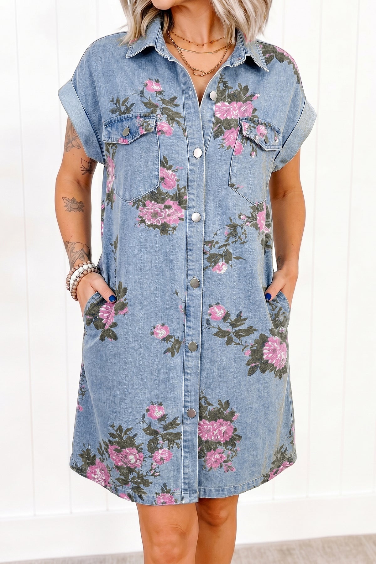 Denim Floral Cuffed Mini Dress