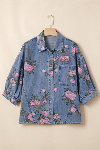 Bracelet Sleeve Floral Denim Blouse
