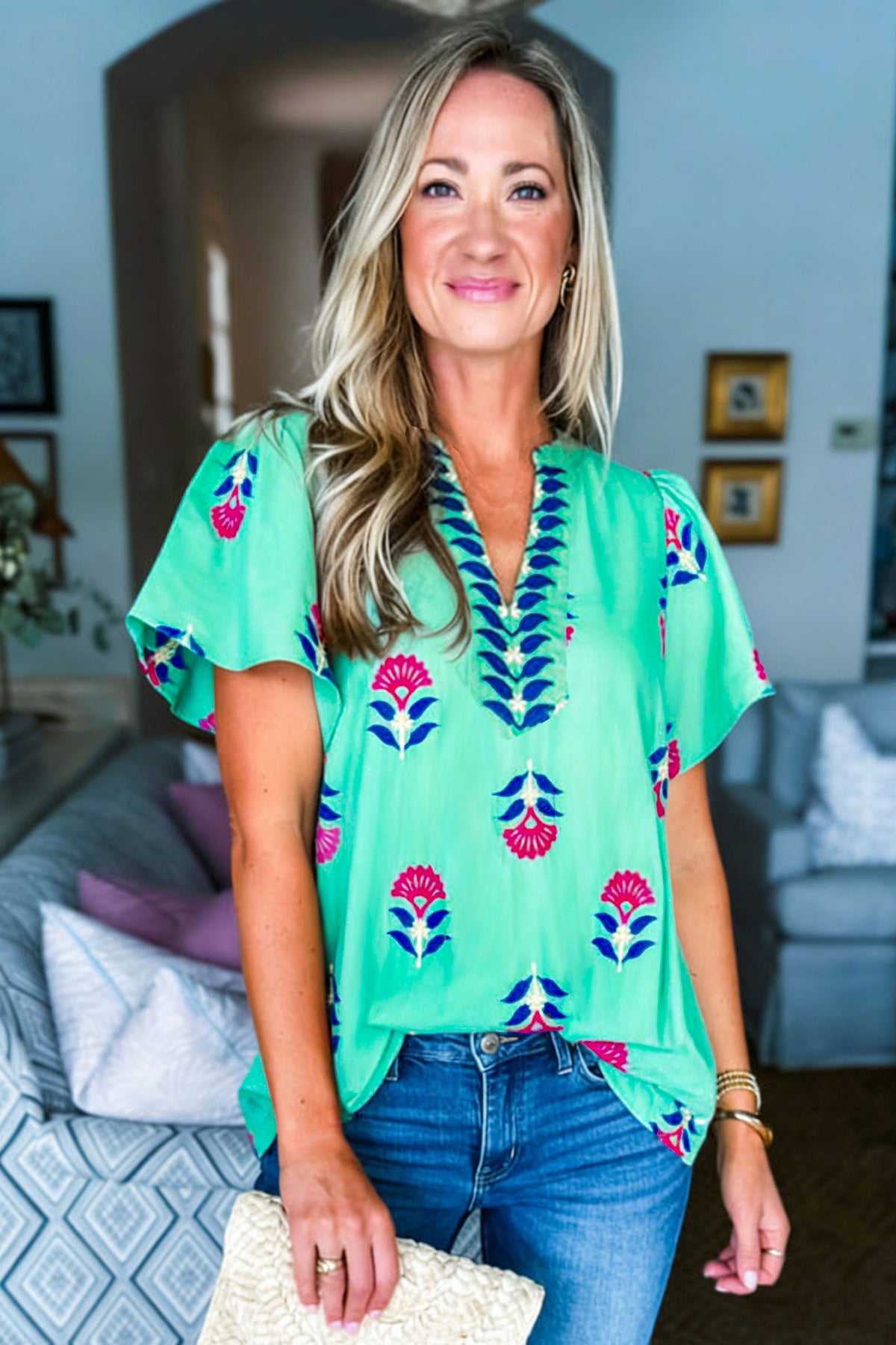 Floral V-neck Flutter Sleeve Blouse