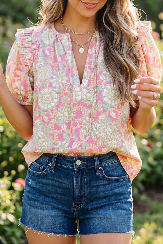 V-neck Floral Puff Sleeve Blouse