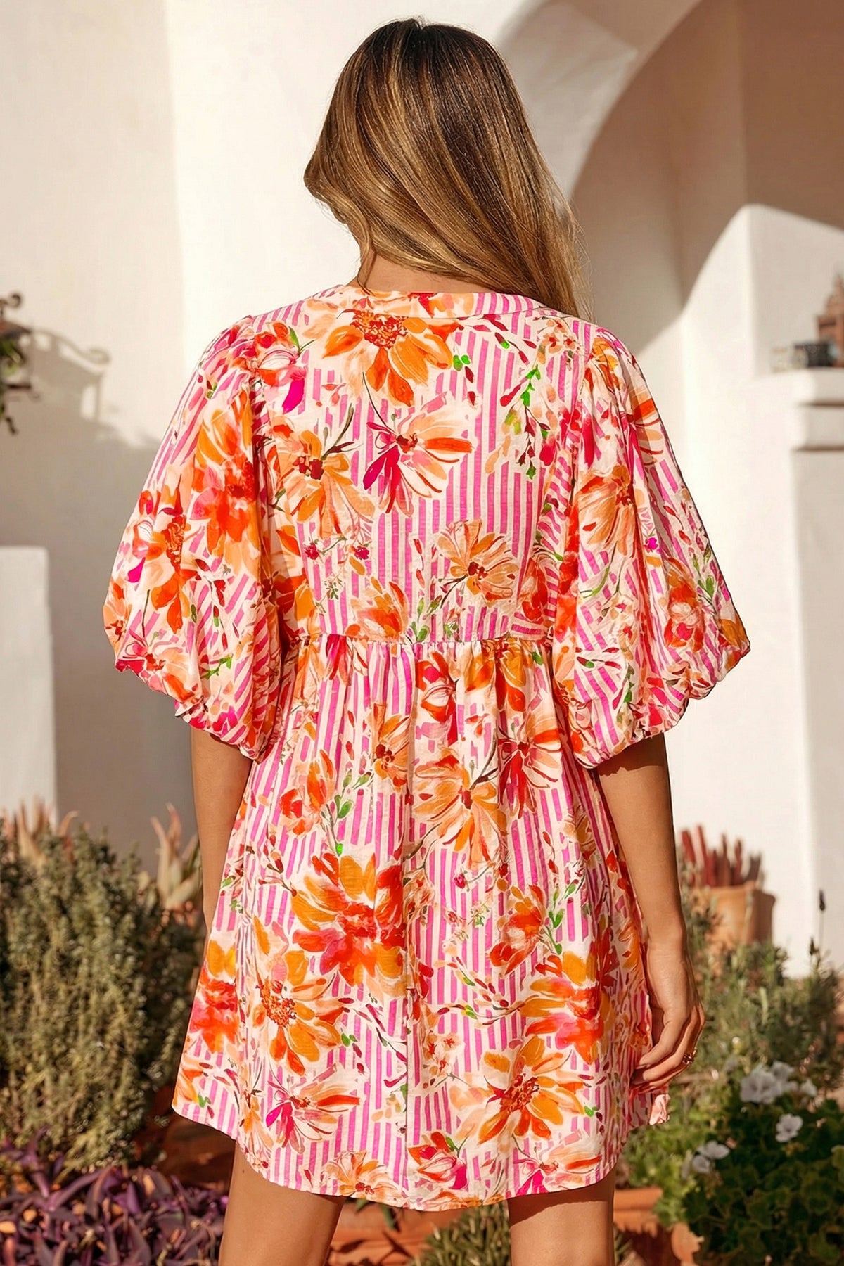 Striped Puff Sleeve Floral Dress