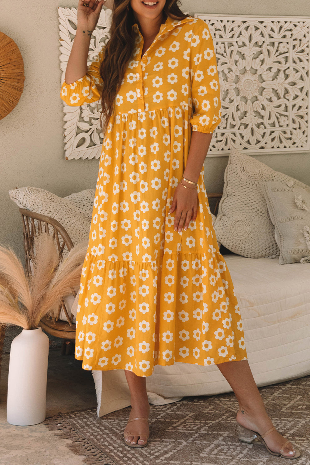 Flower Buttons Collared Maxi Dress