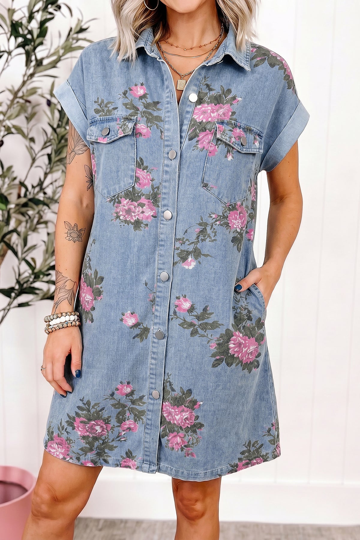Denim Floral Cuffed Mini Dress