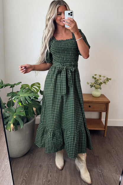 Shirred Ruffle Hem Maxi Dress