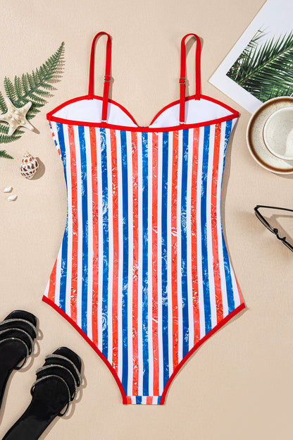 Red July 4th Stripes Impression Cutout Spaghetti Straps One Piece Swimsuit