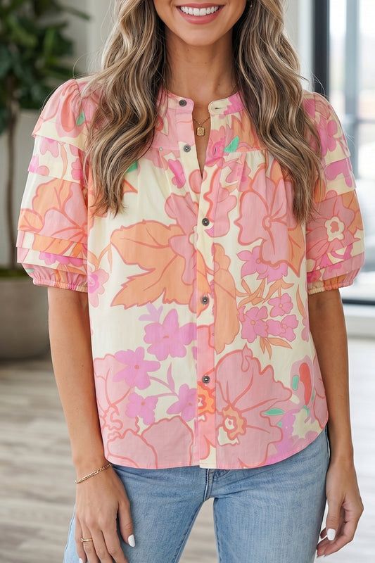 Floral Pintuck Short Sleeve Blouse