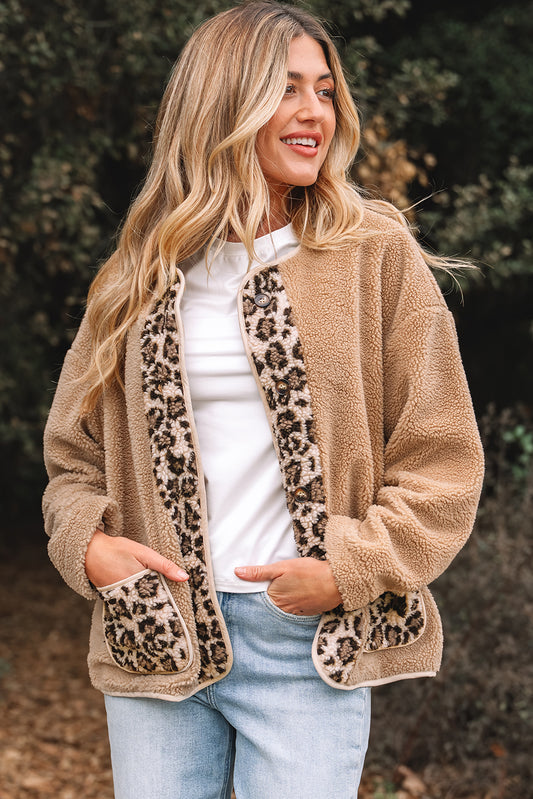 Casual Leopard Accent Plush Jackets