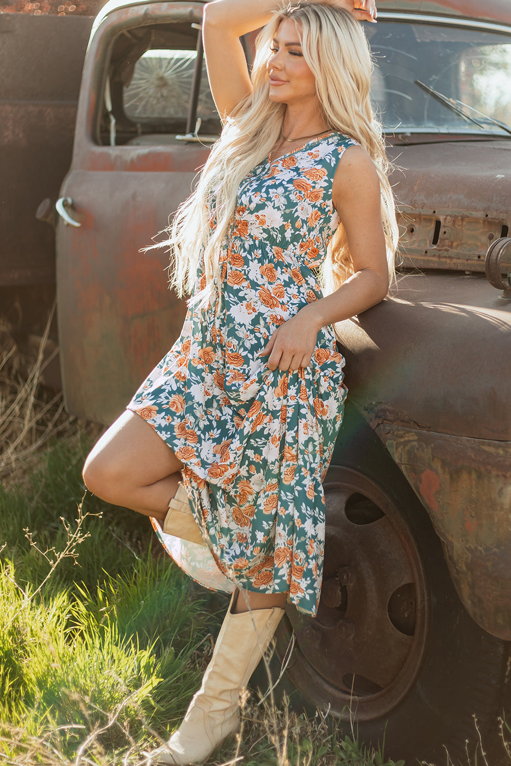 Floral V-neck Sleeveless Maxi Dress