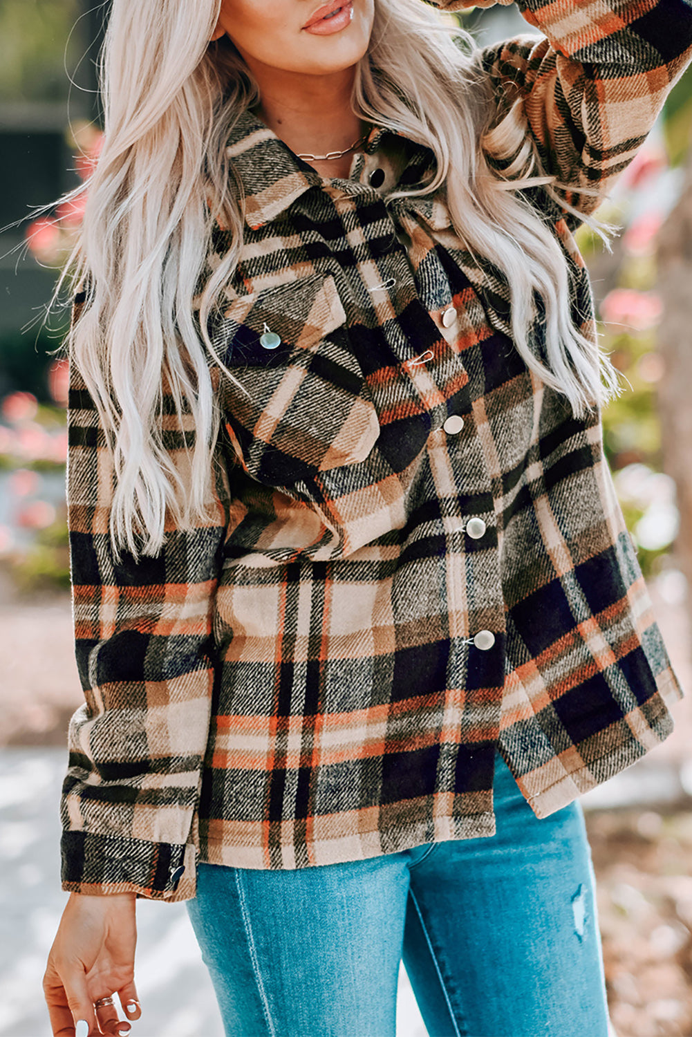 Fiery Geometric Pocketed Plaid Shackets