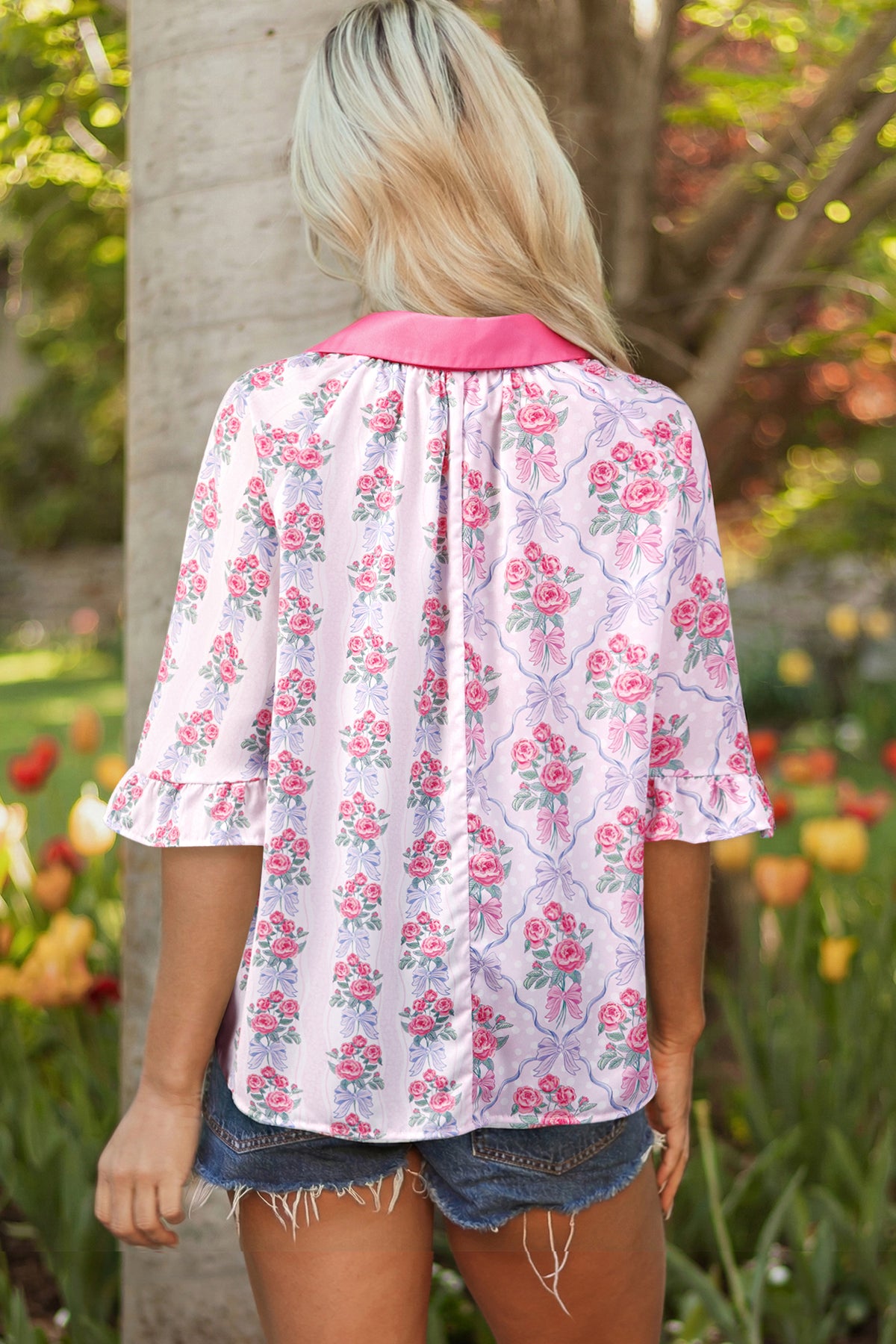 Floral Collared Ruffled Shirt Blouse