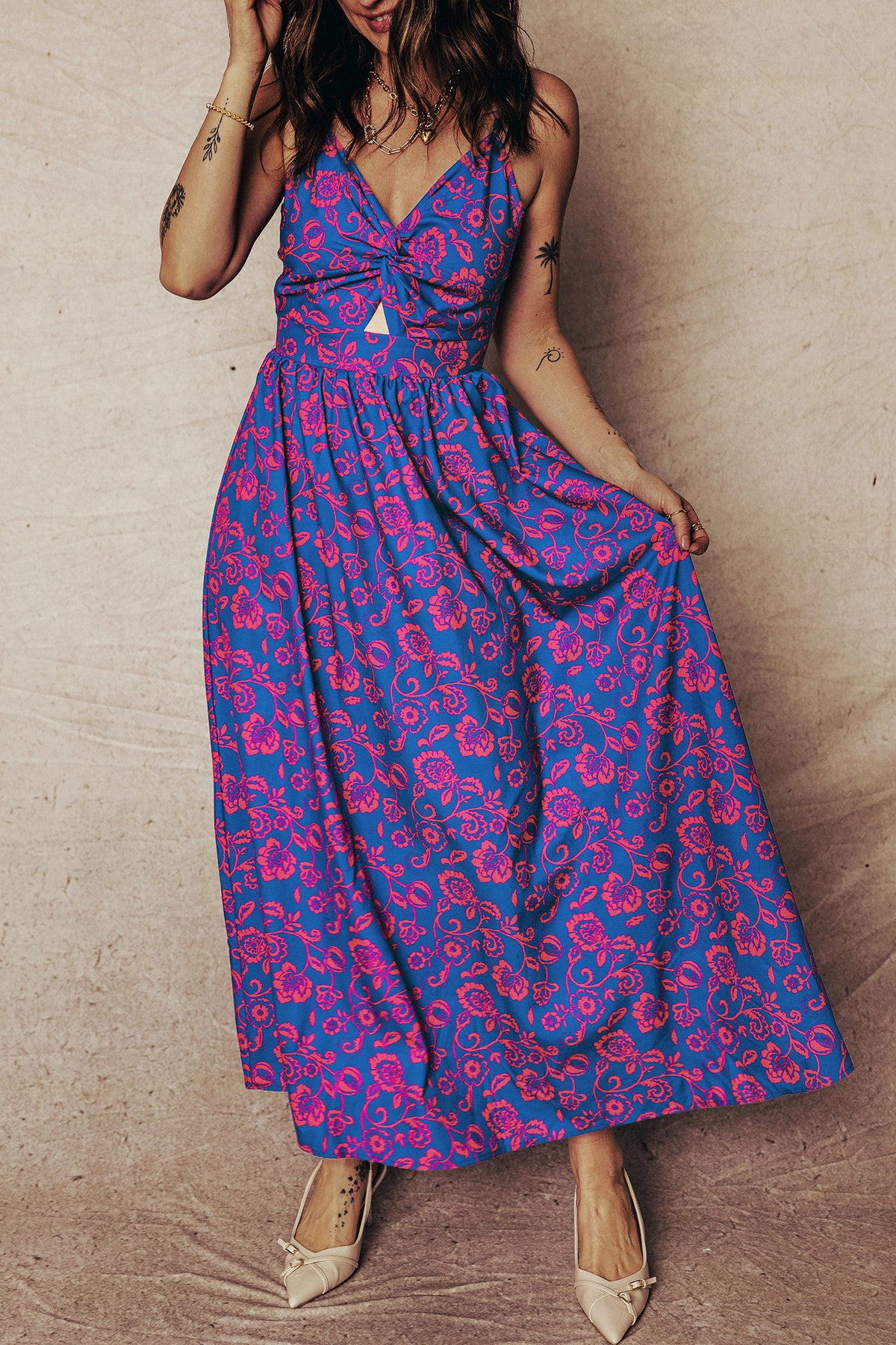 Floral Twisted V-neck Maxi Dress