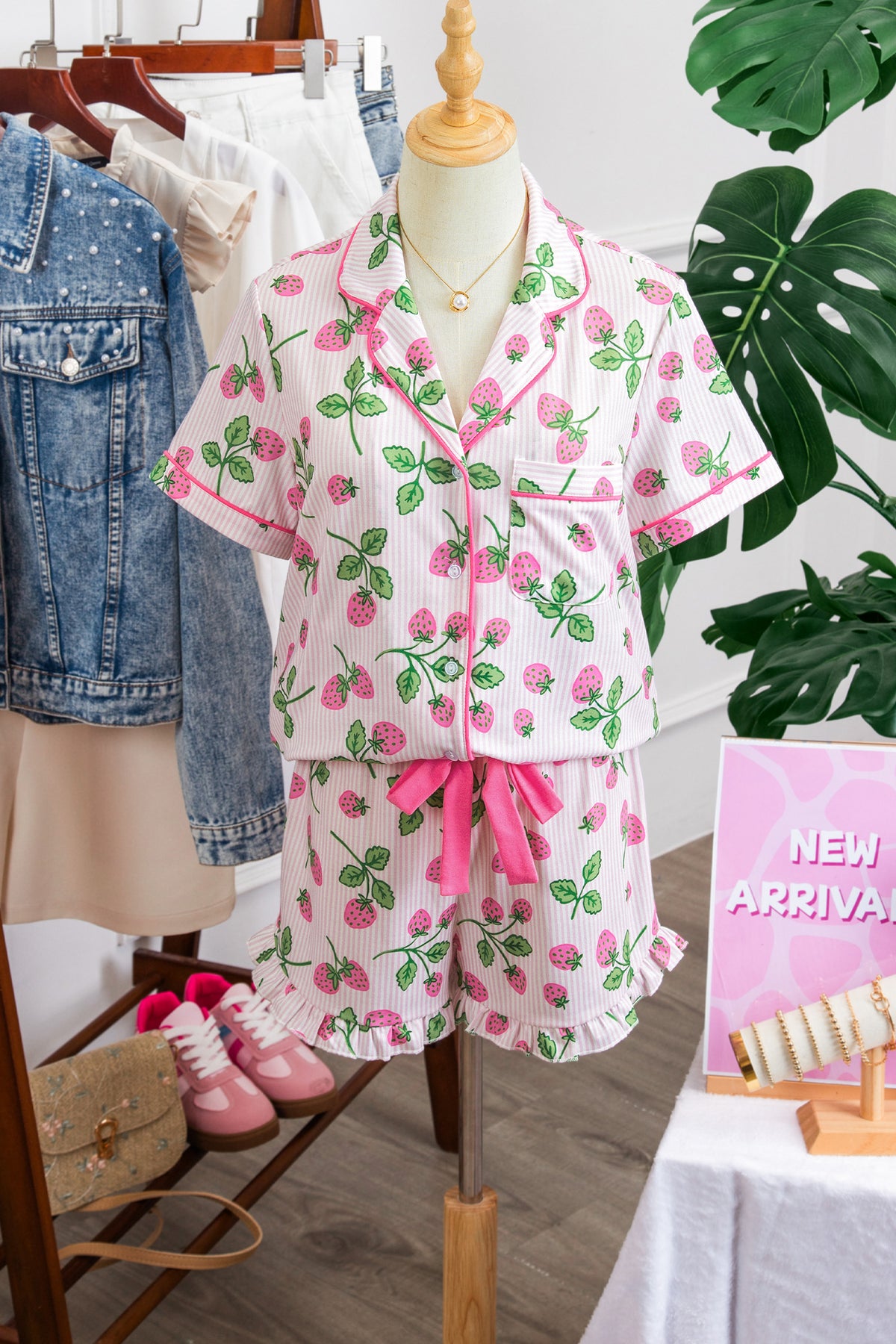 Striped Lapel Drawstring Pajama Set