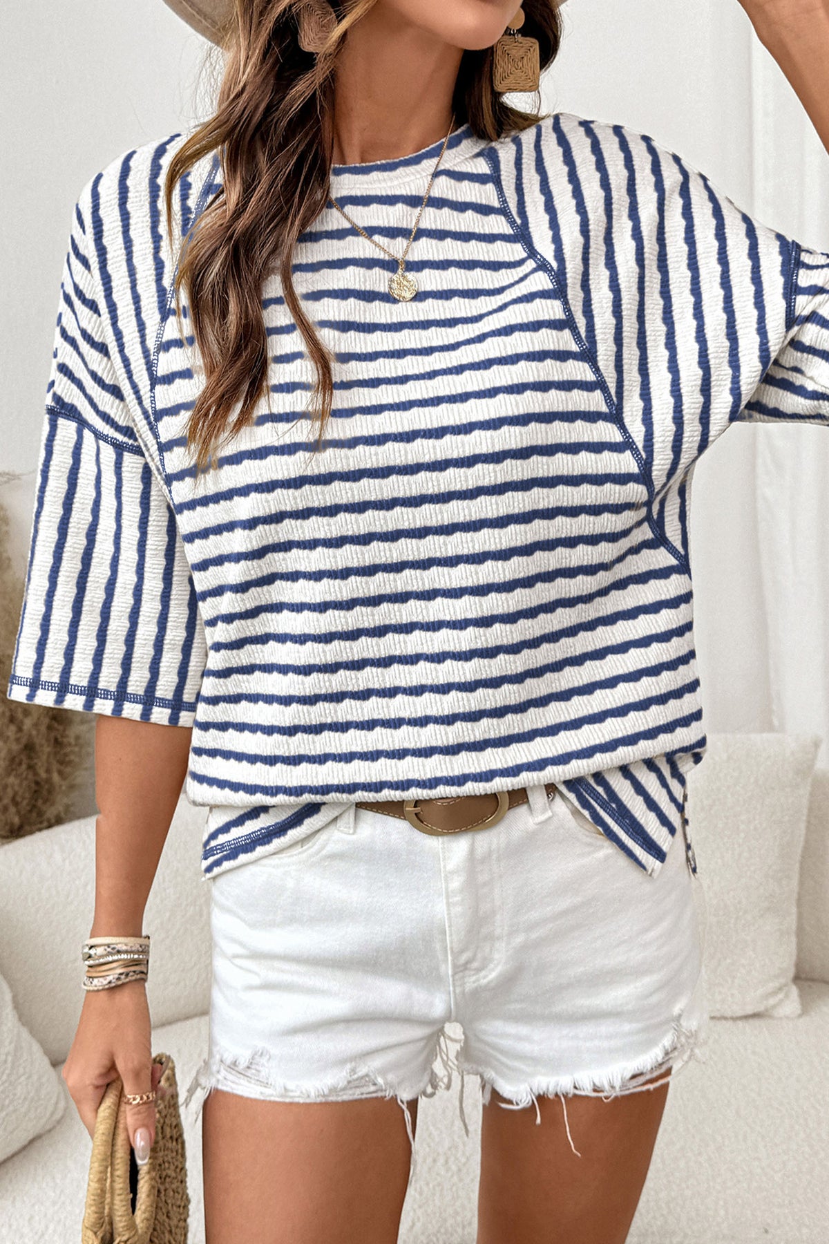 Stripe Textured Knit Split Tee