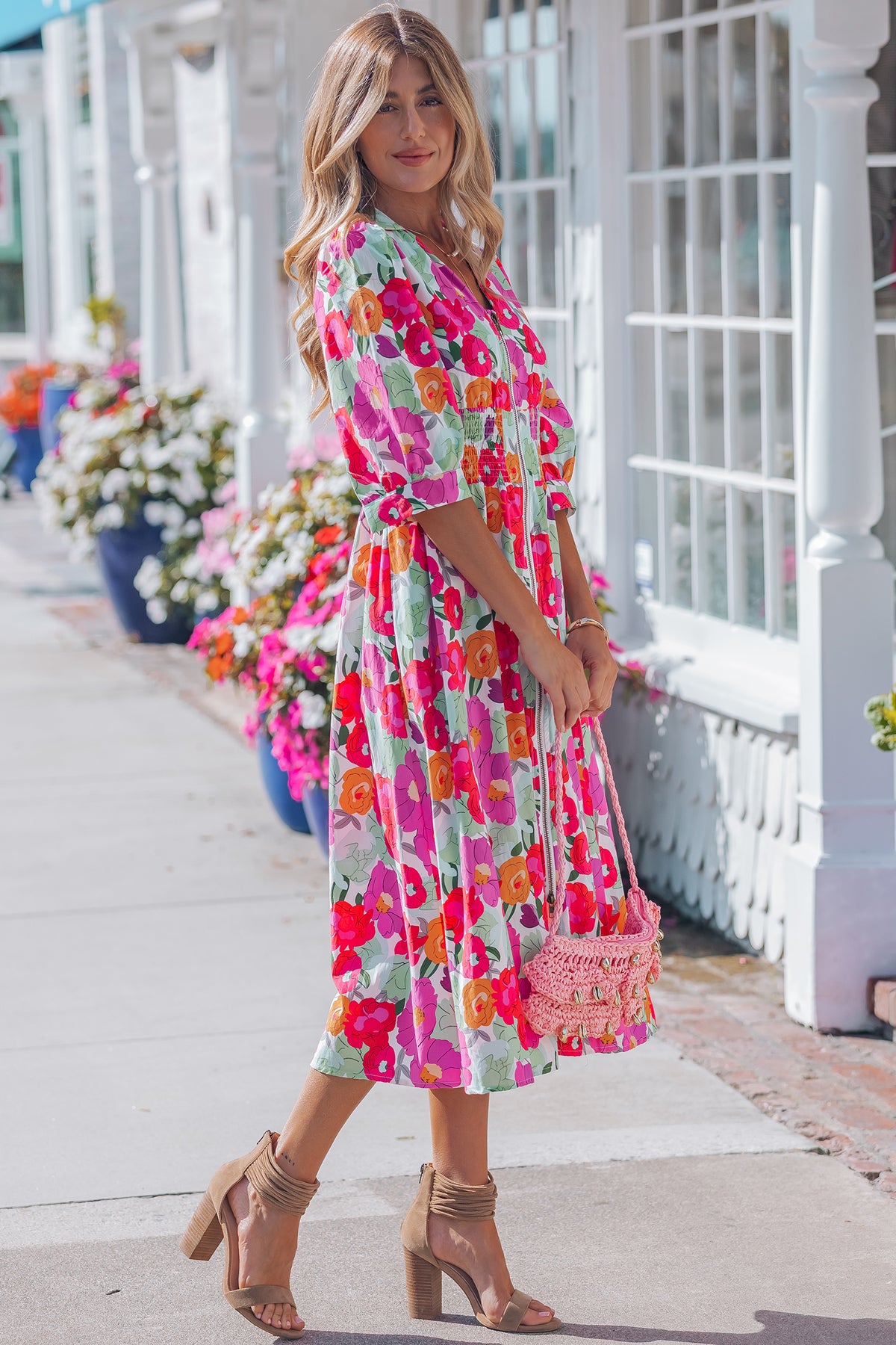 Vibrant V-neck Zip Floral Dress
