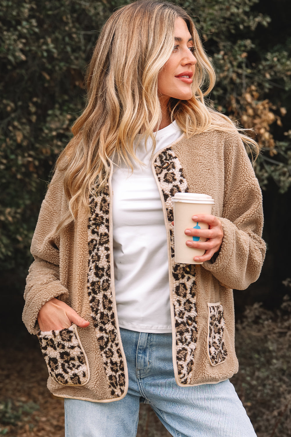 Casual Leopard Accent Plush Jackets