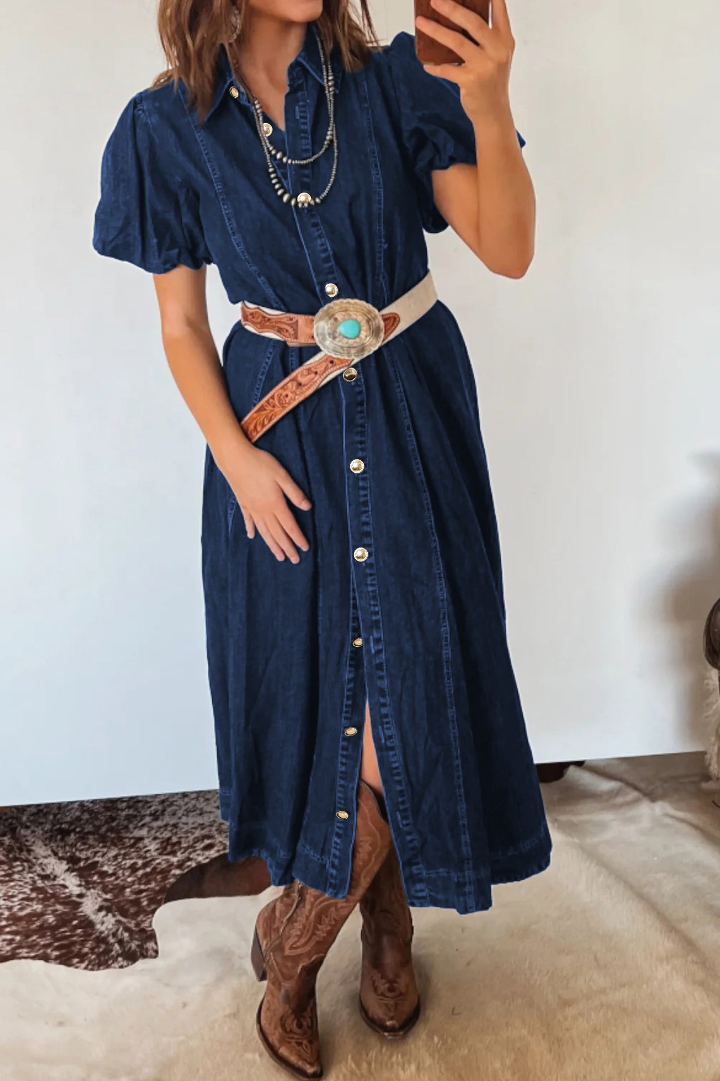 Full Buttons Denim Midi Dress