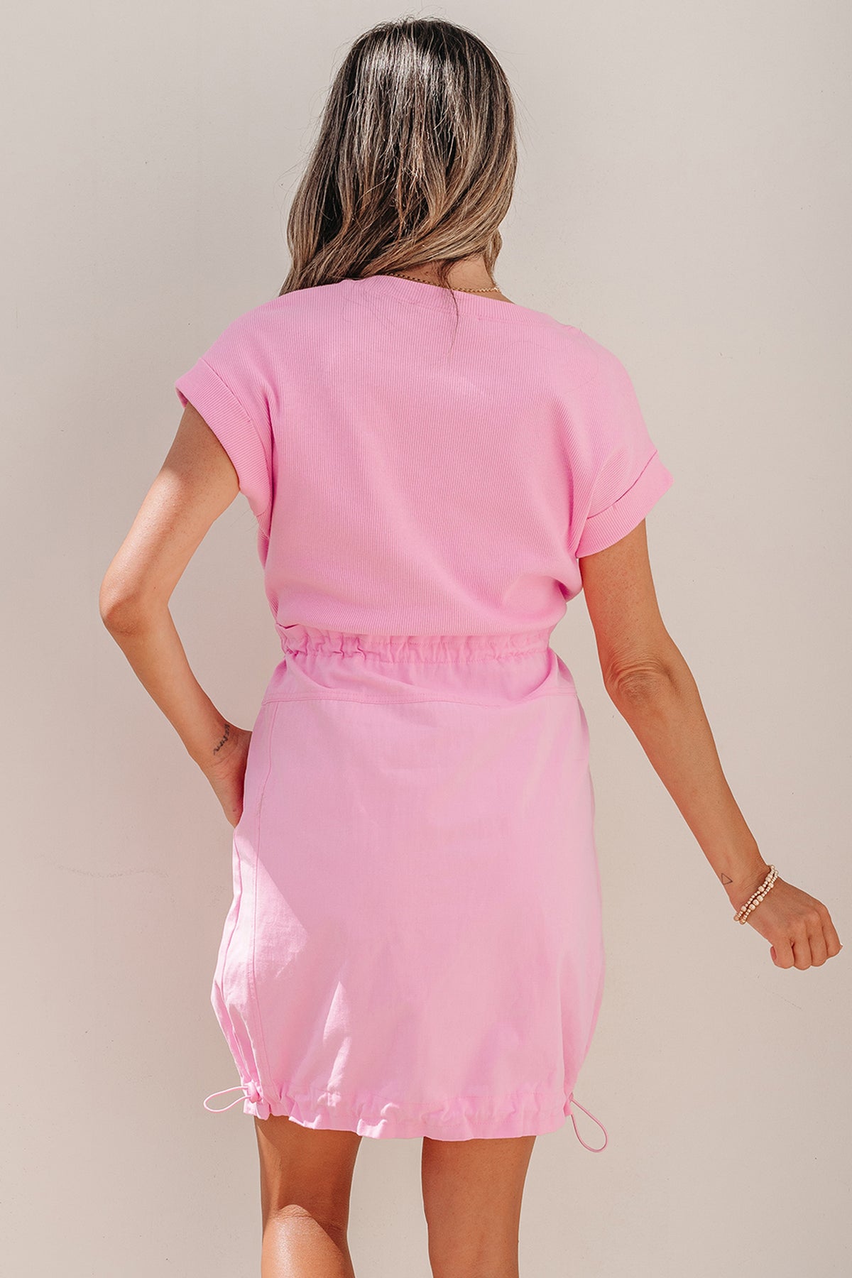 Short Sleeve Drawstring Mini Dress