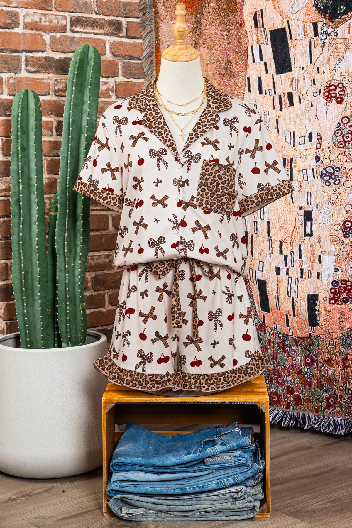 Printed Leopard Drawstring Pajama Set