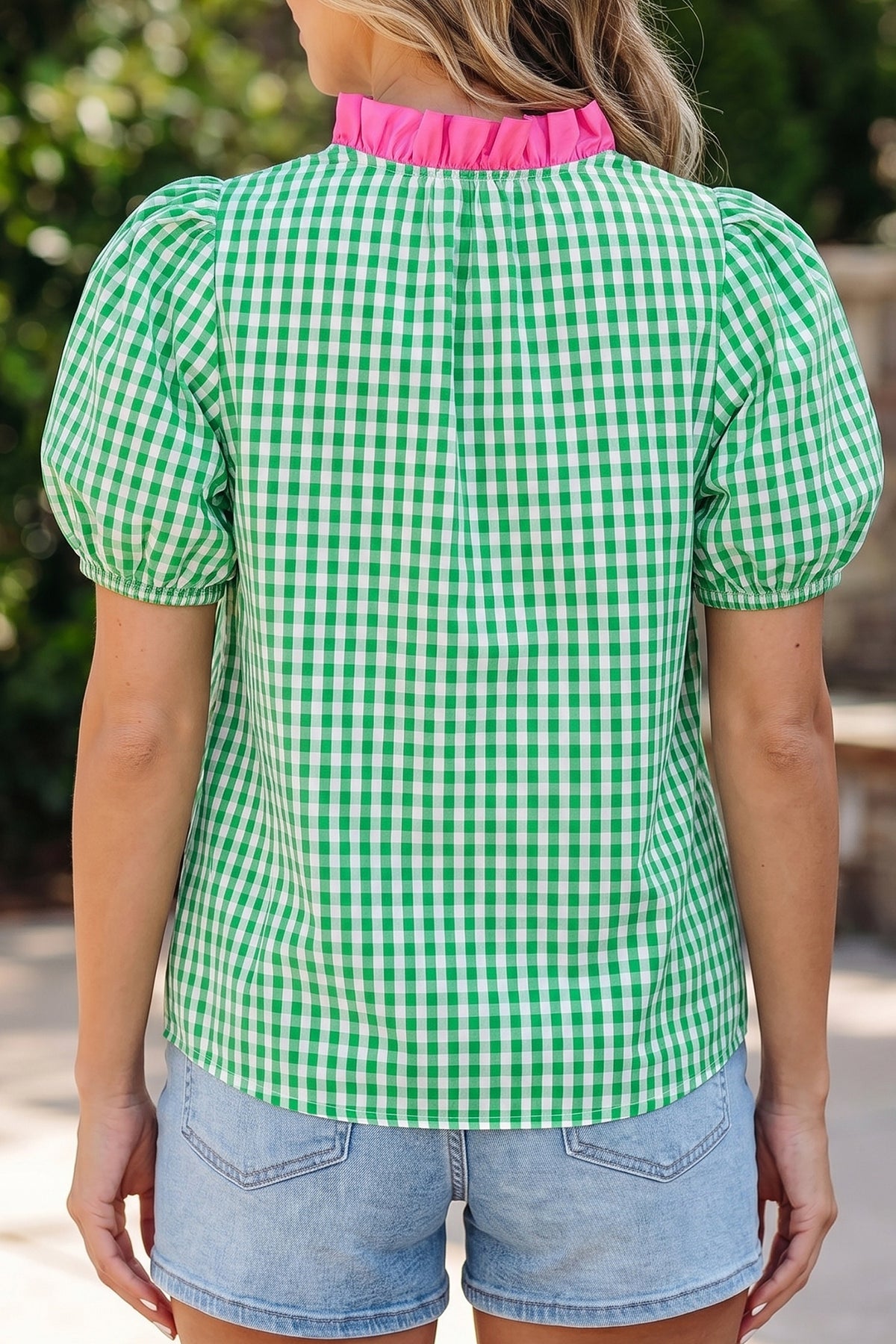 Gingham Plaid Bubble V-neck Blouse