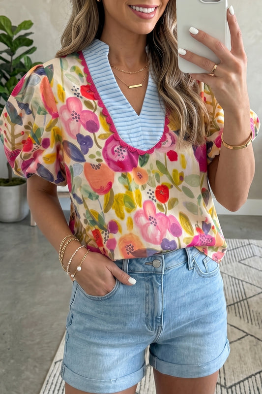 Floral V-neck Puff Sleeve Blouse
