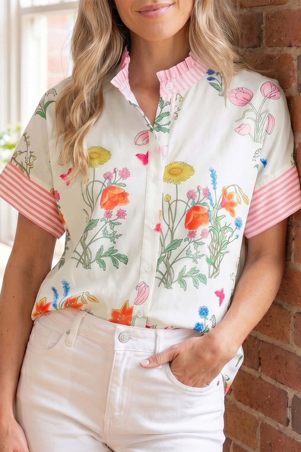 Floral Striped Ruffled Collar Blouse