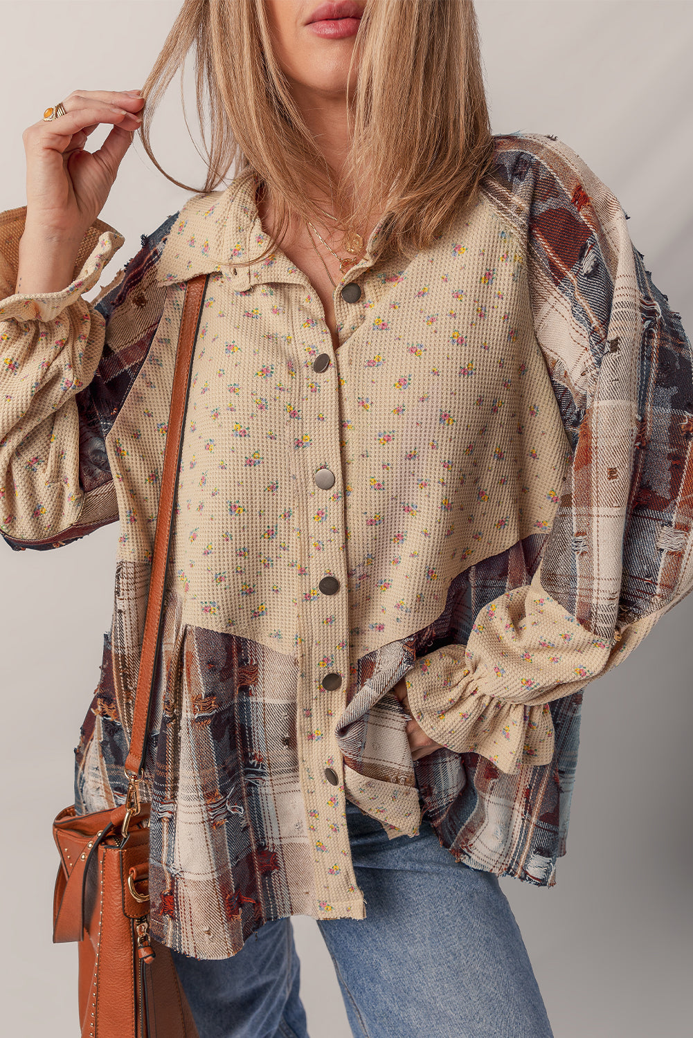 Ashleigh Blue Boho Floral Plaid Patchwork Distressed Detail Ruffled Sleeve Waffle Knit Shacket