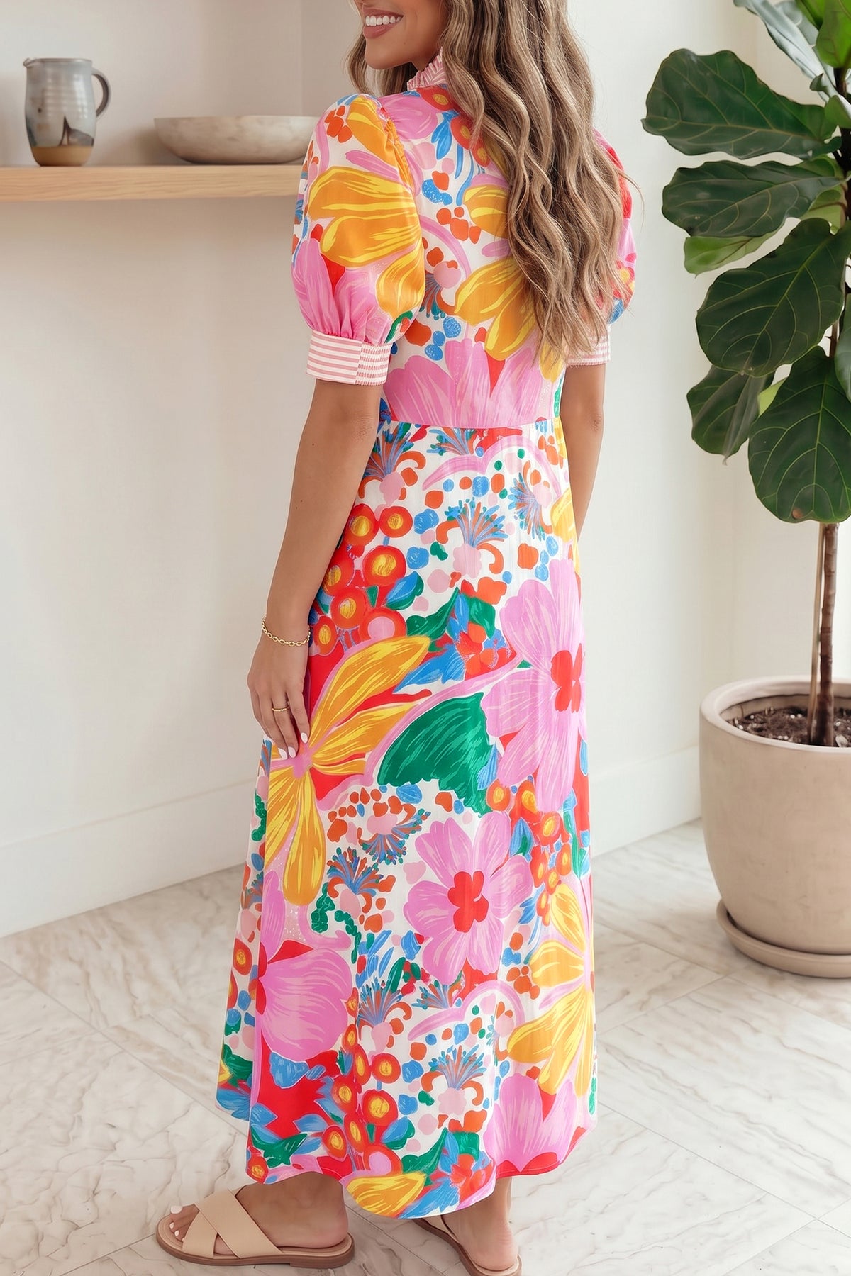 Striped Short Sleeve Floral Dress