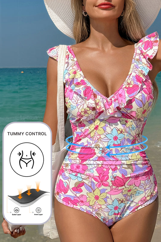 Floral Ruffle Lace-up One-Piece Swimsuit