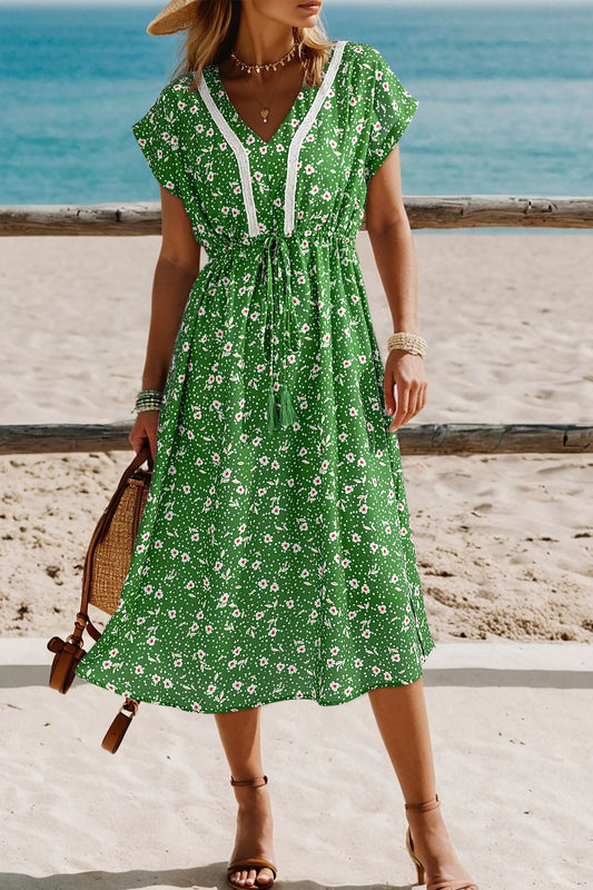 Embroidered V-neck Drawstring Midi Dress