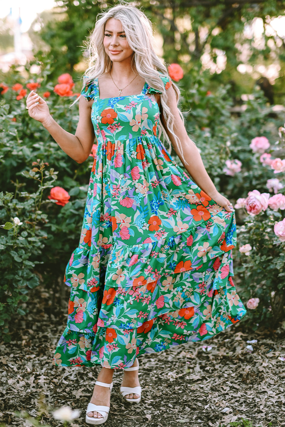 Sleeveless Ruffle Tiered Floral Dress
