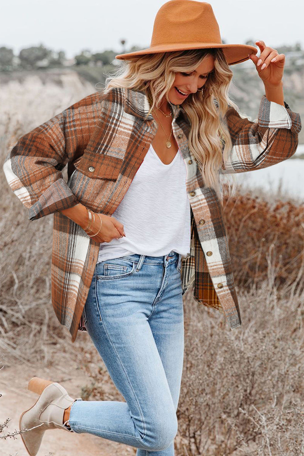 Flap Pockets Shacket Plaid Shackets