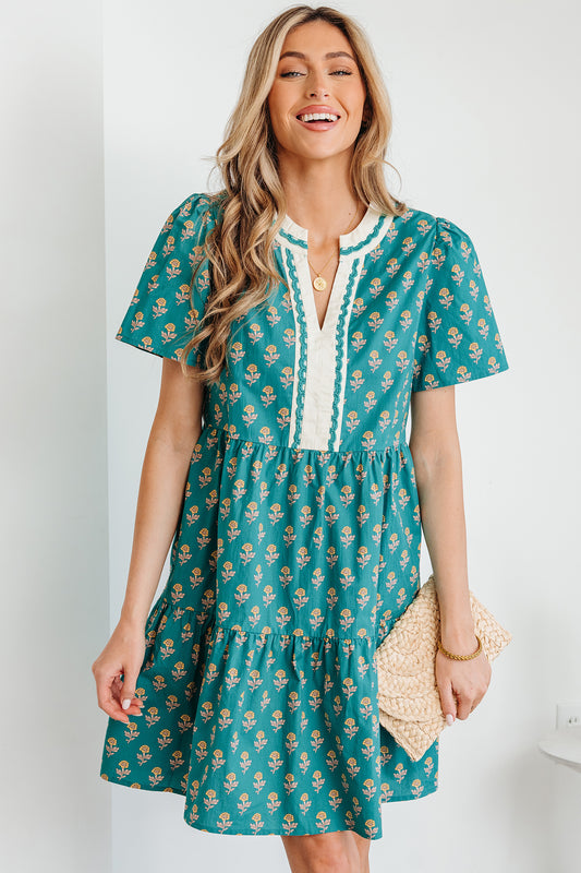 V-neck Short Sleeve Floral Dress