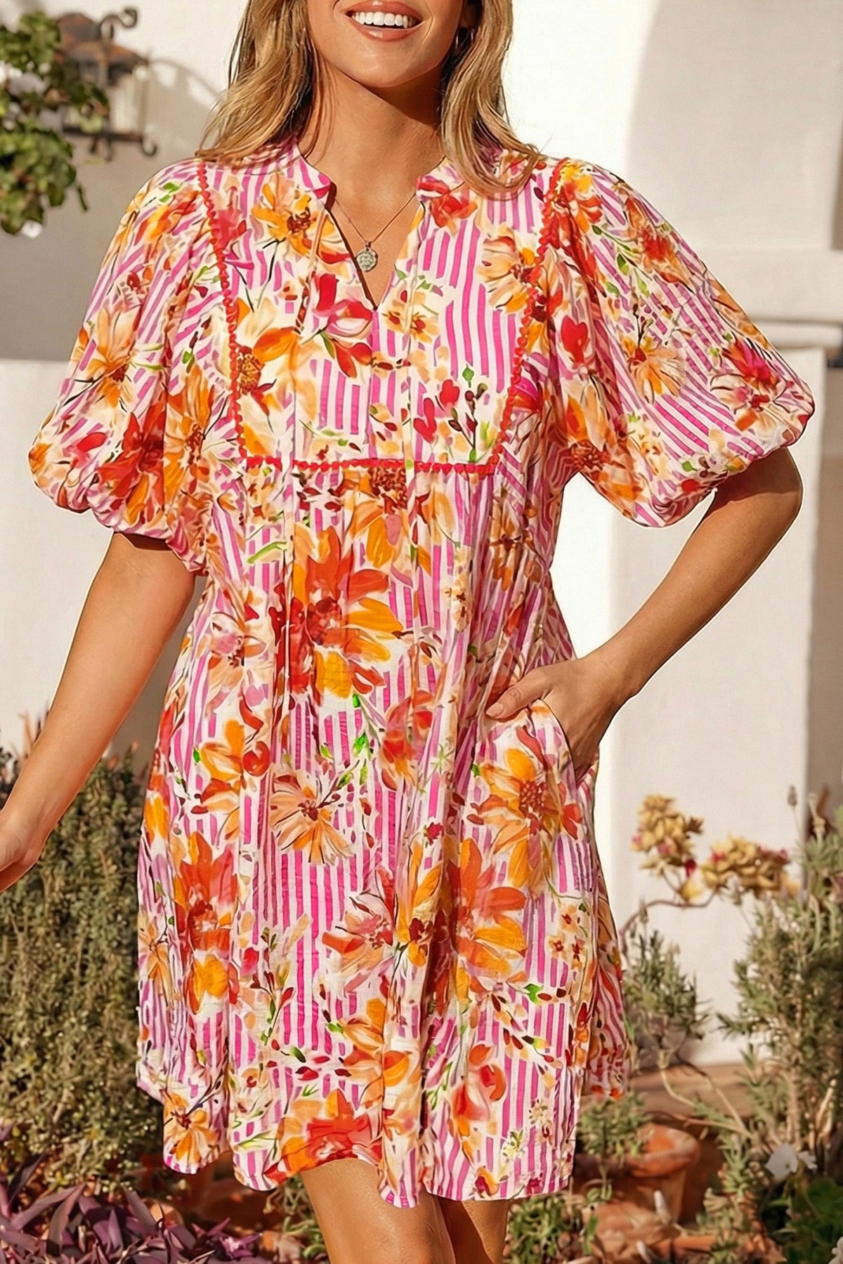 Striped Puff Sleeve Floral Dress