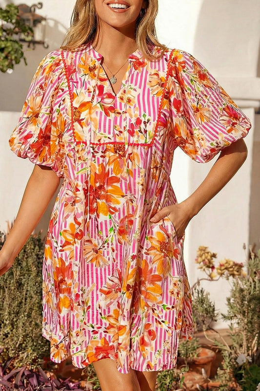 Striped Puff Sleeve Floral Dress