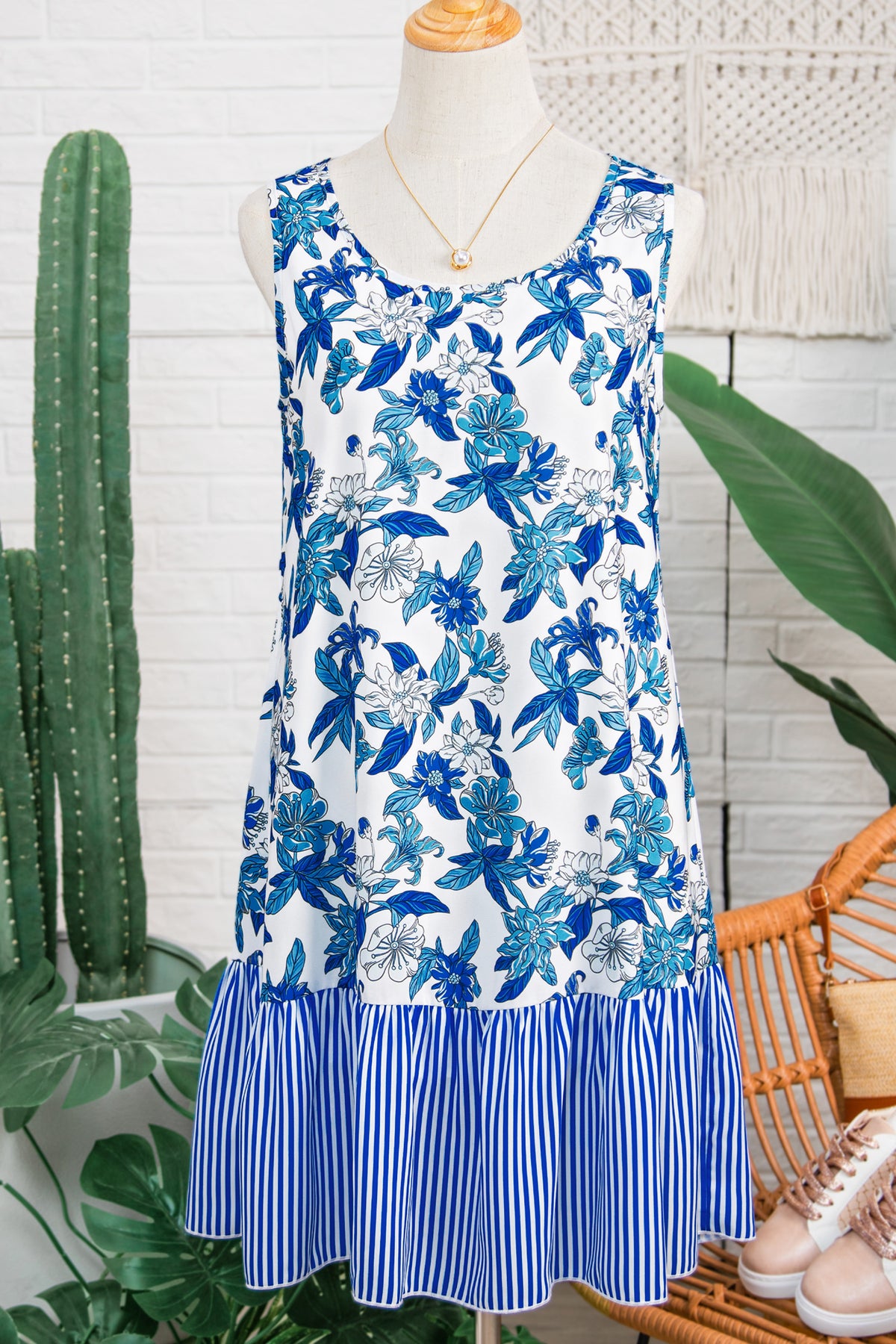 Striped Ruffle Hem Floral Dress